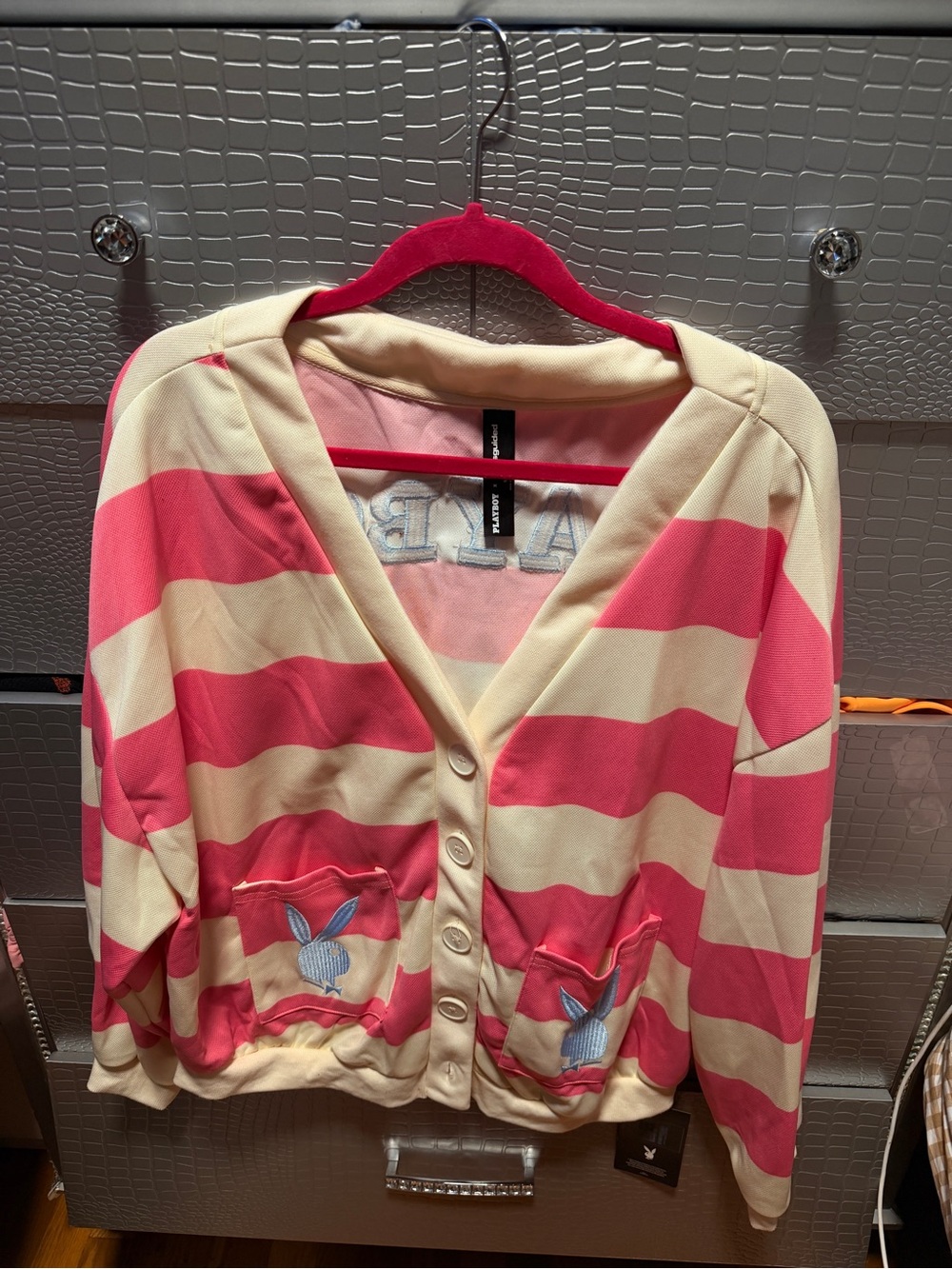 Playboy Striped Pink and Cream Button-Front Cardigan with Embroidered Pockets